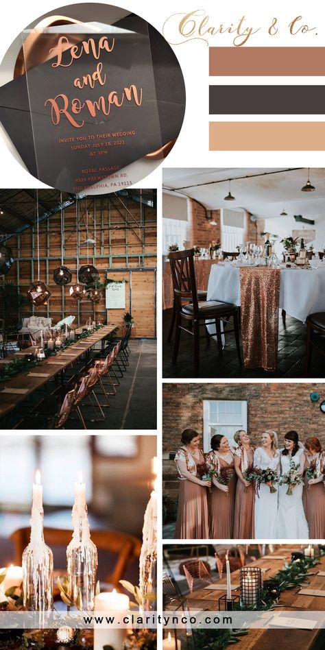 modern indutrial warehouse wedding theme ideas in copper and rose gold Copper Wedding Color Schemes, Copper Wedding Theme, Copper Wedding Colors, Wedding Colors Ideas, Copper Wedding Invitations, Wedding Theme Color Schemes, Winter Wedding Color Palette, Fall Wedding Color Schemes, Rusting Wedding