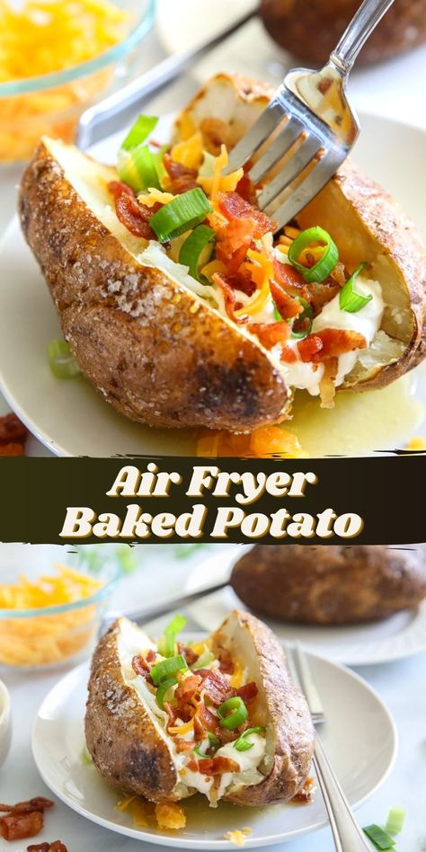 This Air Fryer Baked Potato is cooked to perfection. Crispy skin on the outside and a light and fluffy inside, this side will taste great with all your favorite meals – or even be the main dish! Air Fryer Baked Potato, Making Baked Potatoes, Loaded Baked Potato, Dried Potatoes, Loaded Baked Potatoes, Easy Air Fryer, Food Stamps, Easy Comfort Food, Baked Potatoes