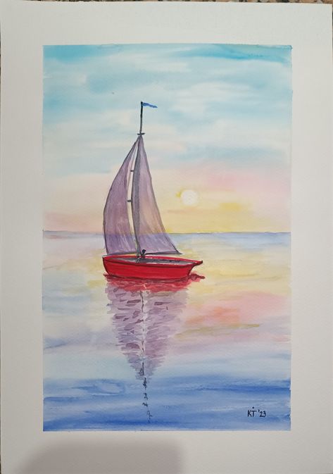 My original watercolor painting of red boat on sailing. A3 format on Fabriano 300g paper Sailing Watercolor, Watercolor Boats, Watercolor Sailboat, Watercolor Boat, Watercolour Ideas, Boat Drawing, Learn Watercolor Painting, Learn Watercolor, Sailboat Painting