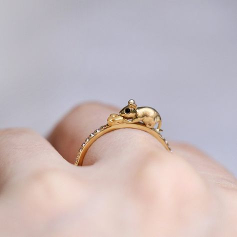 14K Unique Statement Baby Mouse Ring Yellow Gold Year Of The | Etsy Cheese Ring, Mouse Ring, Birthstone Engagement Rings, Year Of The Rat, Diamond Eyes, Baby Mouse, Animal Rings, Cute Rings, 14k Gold Ring