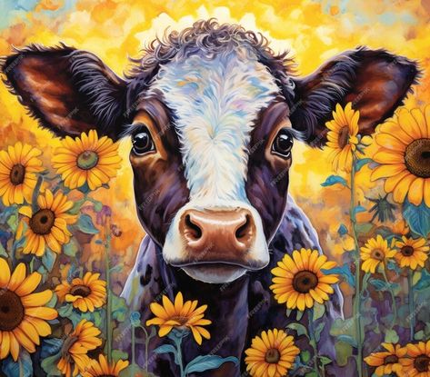 Premium Photo | Painting of a cow in a field of sunflowers with a yellow background generative ai Cow In A Field, Cow And Sunflower, A Field Of Sunflowers, Field Of Sunflowers, Cow Pictures, A Cow, Arte Animal, Cartoon Clip Art, Painting Photos