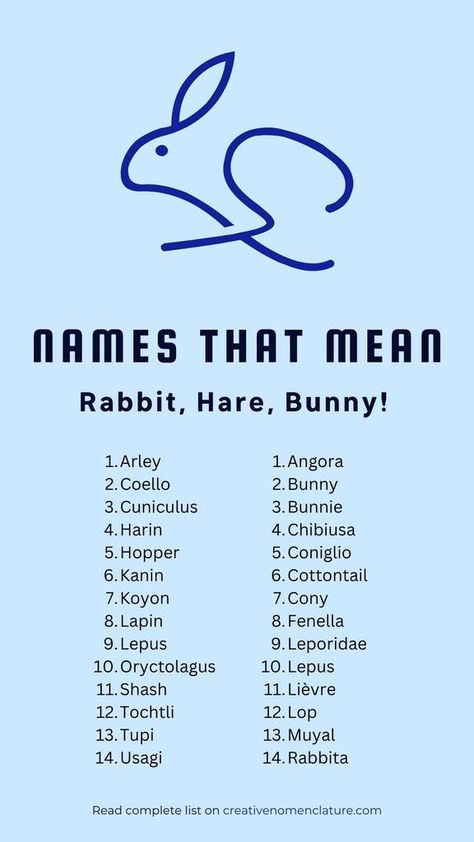 61 Creative Names That Mean Rabbit, Hare or Bunny Rabbit Names Unique, Names For Bunnies, Rabbit Names Ideas, Boy Rabbit Names, Bunny Names Ideas, Pet Bunny House, Character Sheet Writing, Middle Names For Girls, Color Template