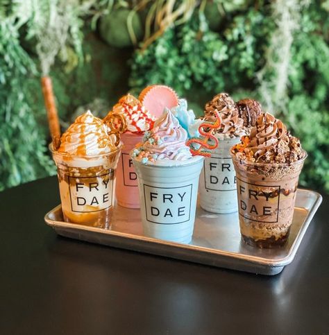 The sweet specialty at Frydae is their milkshakes, with dozens of flavors of whipped-cream-topped frosty treats with mix-ins. Street Fries, Fries Ice Cream, Food Truck Desserts, Milkshake Shop, Referral Gifts, Iowa Road Trip, Gelato Bar, Sweet Or Salty, Milkshake Bar