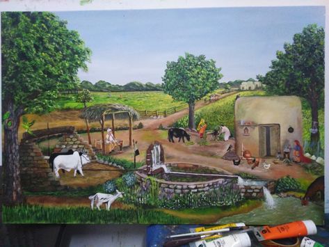 village culture of chakwal punjab Pakistan. painting by khurram rural living in punjab Village Life In India, Painting Of Village, Punjab Culture, Walking Cartoon, Pakistan Culture, Punjabi Culture, Punjab Pakistan, Old Village, Famous Photos