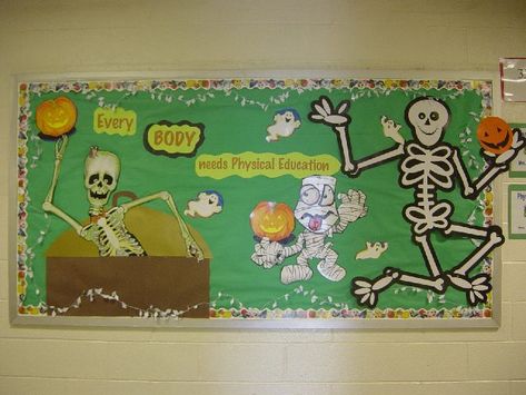 Every Body needs Physical Education Pta Bulletin Boards, Physical Education Bulletin Boards, Pe Bulletin Boards, Display Boards For School, Bulletin Boards Theme, Work Bulletin Boards, School Library Displays, Physical Education Lessons, Halloween Bulletin Boards