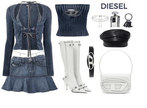 Outfit Soiree, Denim On Denim Outfit, Boots Y2k, Outfit Ideas For Party, Diesel Bag, Diesel Clothing, Diesel Denim, Chanel Perfume, Silver Bags