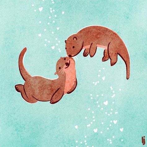 Otter Sketch Easy, Cute Otter Illustration, Couple Animals Drawing, Cartoon Otter Drawing, Matching Otter Tattoos, Otter Painting Easy, Animals In Love Drawing, Animal Couple Drawing, Otter Drawing Simple