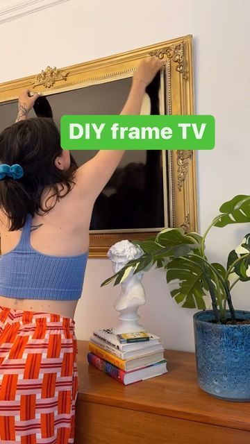 Diy Television Frame, How To Make A Tv Look Like Art, Fake Tv Frame, Diy Frame Tv Mounted Tv, Diy Gold Tv Frame, Tv Hanging On Wall Ideas Bedroom, Tv Border Frame, Gold Frame Tv Wall, Diy Picture Frame For Tv