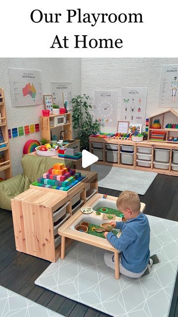 Anthea | Early Learning Play on Instagram: "•PLAYROOM LAYOUT•

Come along and see our beautiful playroom. This space is located in our alfresco, technically it’s located outside, however we have enclosed it with walls and doors, heaters and fans! 

It’s definitely our second most used room in the house, after the kitchen😆 

👋 Hello if you’re new here, I’m Anthea, a qualified Kindergarten Teacher, currently a SAHM Mum to a 4 and 1 year old. 
I love sharing easy play ideas to promote your child’s development with evidence-based strategies.

I have two beautiful play spaces in our home. This on is our larger play space that is located in our outside alfresco, as well as a play space in our living room inside. 

Having two separate spaces is great as I can set up new experiences while my kid Playroom Layout, Ikea Australia, Toddler Playroom, Open Ended Toys, Sensory Table, Playroom Organization, Play Space, Play Spaces, Indoor Play