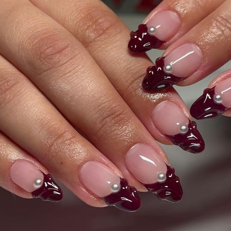 All Posts • Instagram Dark Red Nails With Pearls, Burgundy Nails With Pearls, Burgundy Pearl Nails, Red French With Pearls, Brown Nails With Pearls, Red Nails Pearls, Red French And Pearls, Burgundy Nails Design, Burgundy Nail Designs