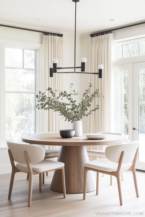 Neutral modern dining room decor with round wood dining table and dining chairs Scandinavian Interior Dining Room, Dining Room Design Round Table, Modern Round Dining Room Table, Neutral Dining Room Decor, Round Dining Table Decor, Tiny Dining Rooms, Modern Round Dining Table, Round Dining Tables, Neutral Dining Room