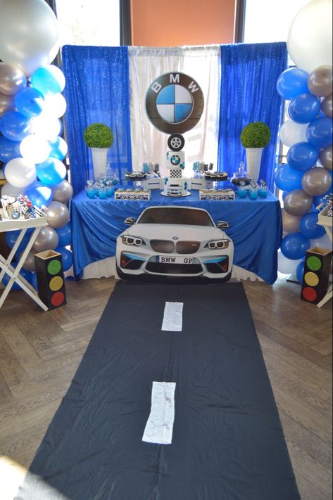 BMW party Mercedes Benz Birthday Party Ideas, Blue Car Themed Birthday Party, Tesla Themed Birthday Party, Blue Car Birthday Theme, Tesla Birthday Party Ideas, Bmw Birthday Party Ideas, Bmw Themed Birthday Party, Car Cakes For Boys, Panda Birthday Party