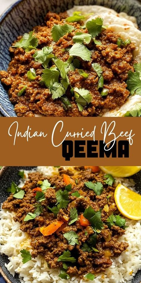 Qeema (Indian Curried Beef) Ingredients: 500g ground beef 2 tablespoons vegetable oil 1 large onion, finely chopped 2 cloves garlic, minced 1 tablespoon ginger, grated 2 green chilies, chopped (adjust to taste) 2 teaspoons cumin powder 1 teaspoon coriander powder 1 teaspoon turmeric powder 1 teaspoon garam masala 1 can (400g) diced tomatoes 1 cup peas (fresh or frozen) Salt, to taste Fresh coriander leaves, for garnish #Qeema #Indian #Curried #Beef Minced Beef Curry, Curry Ground Beef, Curried Beef, Beef Masala, Beef Curry, Ginger Recipes, Turmeric Powder, Indian Curry, Coriander Powder