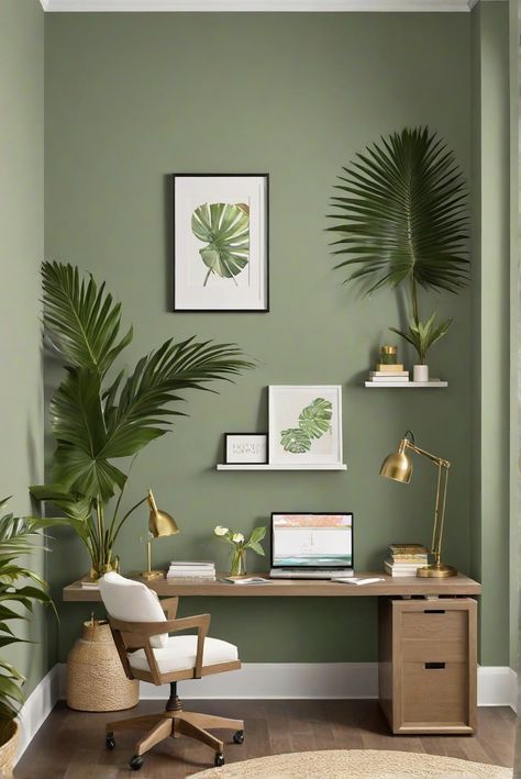 home decor interior design,interior bedroom design,living room interior,designer wall paint On Top Of Cabinet Decor, Sage Green Study, Green Wall Office, Olive Green Office, Green Office Walls, Colors For Home Office, Top Of Cabinet Decor, Wall Murals Painted Diy, Office Interior Decor