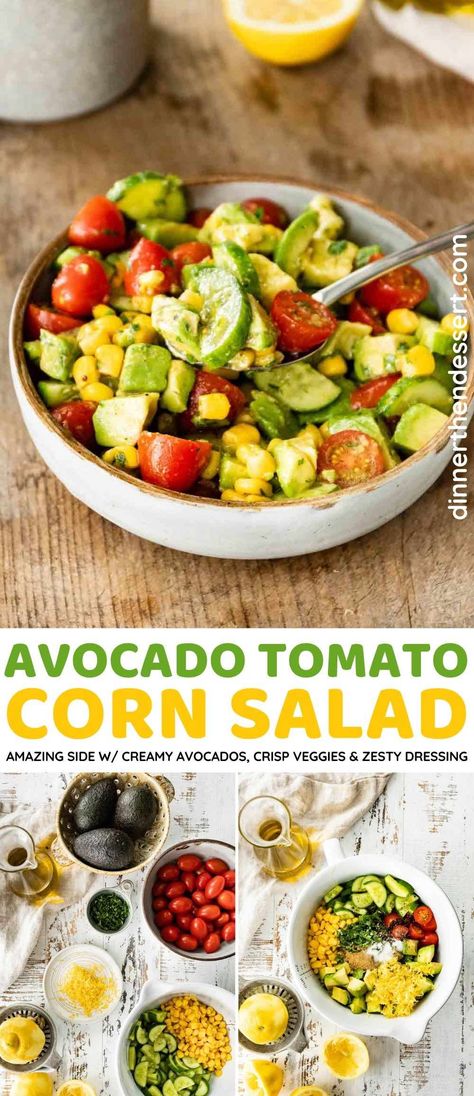 Avocado Tomato Corn Salad is the perfect side dish with creamy avocados, fresh tomatoes, crisp cucumbers, and corn all tossed in a zesty lemon dressing. A perfect Mexican-inspired side salads for BBQs or weeknight dinners! Salad Recipes Tomato, Tomato Side Dishes, Corn Tomato Salad, Taco Side Dishes, Shredded Bbq Chicken, Corn Avocado Salad, Mexican Side Dishes, Mexican Salads, Avocado Tomato Salad