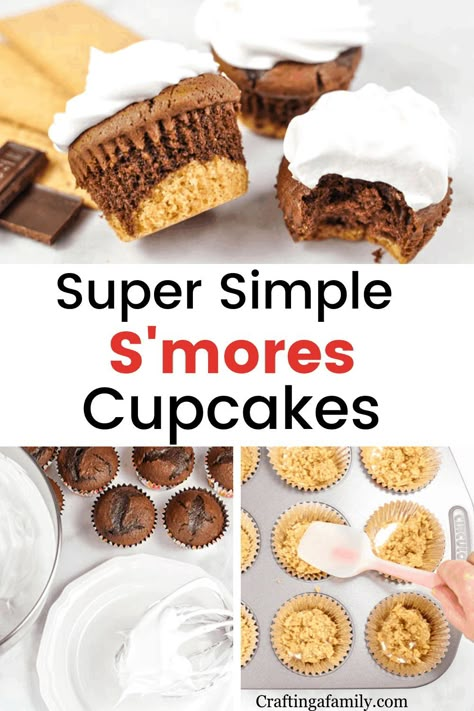 Smores Cupcake Recipe, Fluff Frosting, Campfire Cupcakes, Cupcakes Summer, Marshmallow Fluff Frosting, Best Instapot Recipes, Marshmallow Fluff Recipes, Easy Smores, Cake Mix Cupcakes