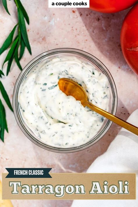 This tarragon aioli is full of bright, herbaceous flavor! Here’s how to blend fresh tarragon into a creamy, versatile sauce that’s perfect for dipping, spreading, or drizzling. We love it on sandwiches, as part of a veggie tray, and more! Tarragon Aioli Recipe, Tarragon Aioli, Best Fish Recipes, Winter Salad Recipes, A Couple Cooks, Aioli Recipe, Couple Cooking, Vegan Salad Recipes, Best Vegetarian Recipes