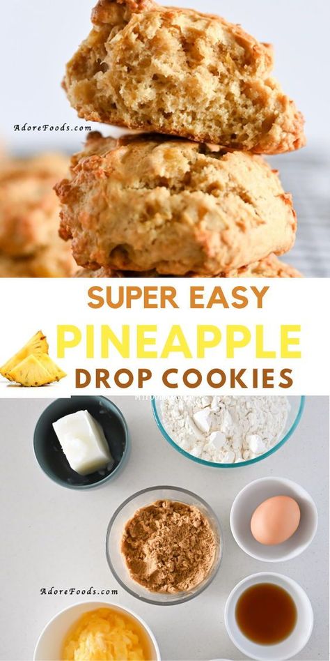 These easy pineapple drop cookies are made with crushed pineapple for an easy tropical dessert idea! Perfect way to use up canned pineapple! Crushed pineapple cookies. Summer cookie recipe Pineapple Drop Cookies, Crushed Pineapple Recipes, Summer Cookie Recipes, Cookies Summer, Summer Cookie, Pineapple Cookies, Drop Cookie Recipes, Tropical Desserts, Soft Cookies