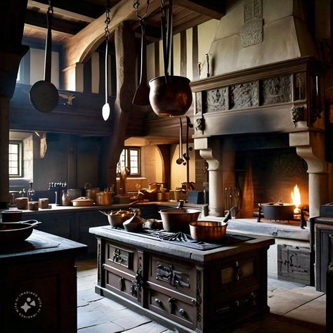 Old English Manor Kitchen, 18th Century Kitchen, Old English Manor, Pioneer Kitchen, Castle Kitchen, Kaer Morhen, Medieval Kitchen, Castle Kitchens, Restaurant Kitchen Design