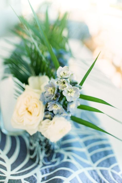 Shades of Blue Tropical Inspired Charleston Wedding Indigo Wedding, Tropical Wedding Theme, Tropical Flower Arrangements, Blue Themed Wedding, Blue Wedding Flowers, Teal Wedding, Bridal Musings, Palm Fronds, Wedding Site