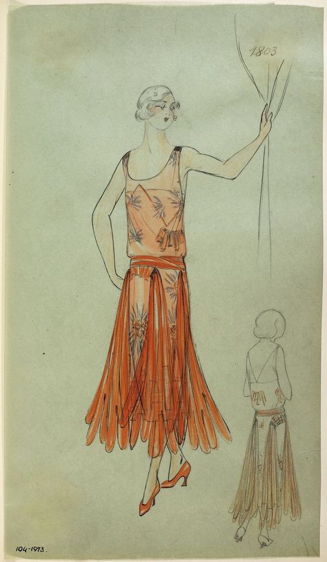 Fashion drawing: Paquin evening dress Orange Evening Dresses, Jeanne Paquin, Fashion Museum, Museum Fashion, 20s Fashion, 1920s Dress, Roaring Twenties, Fashion Designs, 1920s Fashion