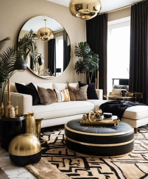 Black White And Gold House Decor, Home Decor Ideas Living Room Black, Black And White Gold Living Room, Black And White Home Decor Ideas, Black Brown Gold Living Room, Sophisticated Living Room Decor, Black White And Gold Home Decor, Salon Decor Black And White, Black White And Gold Salon Ideas