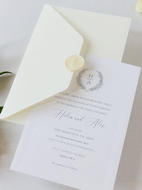 This modern Triple Embossed card has a modern twist to it with the Olive wreath on top for your monogram and classic typography its classic yet modern. The Wax Seal ties all the elements toghter on the envelope. Card size: 195 x 140mm; (7.7 x 5.5 inch) Material: Snow White 300 gsm Card Wax Seal in Pearl Finish Thickness of the paper: 300 gsm Items: Day Invitation + Envelope Included in price: Personalisation with bride & groom's names on the invitation, coloured printing & design of the insert, blind embossed frame. Additional charges: Delivery (location-dependent) STANDARD WAX SEAL : Please note within the price we offer the standard font of 2 letters to be used as per letter options or a leaf motif which shown in the images If you wish to have a bespoke seal made you can have a further l Embossed Wedding Invitations, Timeless Wedding Invitations, Olive Wreath, Classic Typography, Invitation Envelope, Envelope Card, Classic Wedding Invitations, Frame Card, Wedding Menu Cards