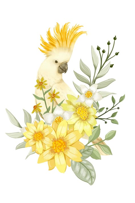 Cockatoo Vector Illustration with Yellow Flowers. Australian Animals Illustration, Wildlife Backgrounds, Australia Embroidery, Coco Drawing, Cockatoo Drawing, Cockatoo Tattoo, Cockatoo Illustration, Cockatoo Art, Australia Flowers