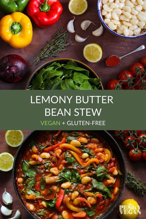 This lemony butter bean stew is vibrant, hearty, and healthy. With a fragrant citrus zing, it’s a delicious dinner option that’s both vegan and gluten-free. #vegan #veganstew #butterbeanrecipes #healthystew #veganrecipes #healthyvegan Bean Stew Vegan, Butter Bean Stew, Cheesy Pasta Sauce, Raw Salads, Veggie Protein, Stew Vegan, Healthy Stew, Butter Beans Recipe, Vegan Stew