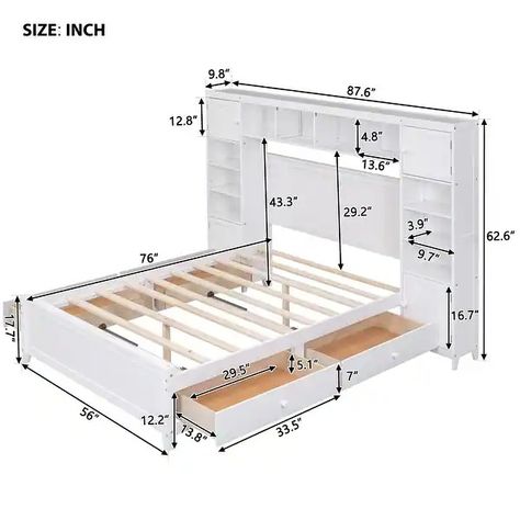 Full Size Wooden Bed With All-in-One Cabinet, Shelf & 4 Drawers, White - On Sale - Bed Bath & Beyond - 37862817 Bed With Bookcase, Full Bed With Storage, Daybed With Drawers, Solid Wood Bed Frame, Full Size Platform Bed, Built In Cabinet, Wooden Platform Bed, Cabinet Shelf, Bookcase Headboard