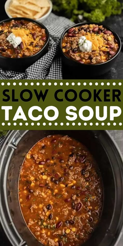 Crockpot Taco Soup Recipe (& VIDEO!) - Easy Slow Cooker Taco Soup Can Tomato Soup, Healthy Taco Soup, Taco Soup Slow Cooker, Taco Soup Recipe Crockpot, Crockpot Taco Soup, Crock Pot Taco Soup, Slow Cooker Taco Soup, Easy Crockpot Soup, Crockpot Taco