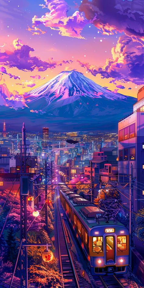 A stunning illustration of the Tokyo cityscape, featuring a vibrant nightlife atmosphere with a train winding through the city and a majestic mountain in the background. The purple sky and colorful, anime-style aesthetic bring this highly detailed digital art piece to life, capturing the essence of Tokyo in all its energetic beauty. 🌆🚄🌸 #TokyoNights #AnimeArt #VibrantCity DigitalArt #AnimeStyle #CityscapeArt #NightlifeVibes #TokyoLife #ColorfulAesthetics #PurpleSky #ToyoItsuStyle Animated Tokyo City, Tokyo Background Aesthetic, Tokyo City Wallpaper, Tokyo City Aesthetic, Chris Wallpaper, Tokyo Japan Aesthetic, Detailed Digital Art, Tokyo Cityscape, Tokyo Neon