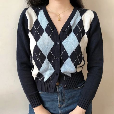 Sinora V-Neck Argyle Cropped Cardigan | YesStyle Geometric Cardigan, Argyle Cardigan, Maxi Dresses Fall, Cardigan Crop Top, Knitting Women Cardigan, Áo Len Cardigan, Plaid Sweater, Cardigan Crop, England Fashion