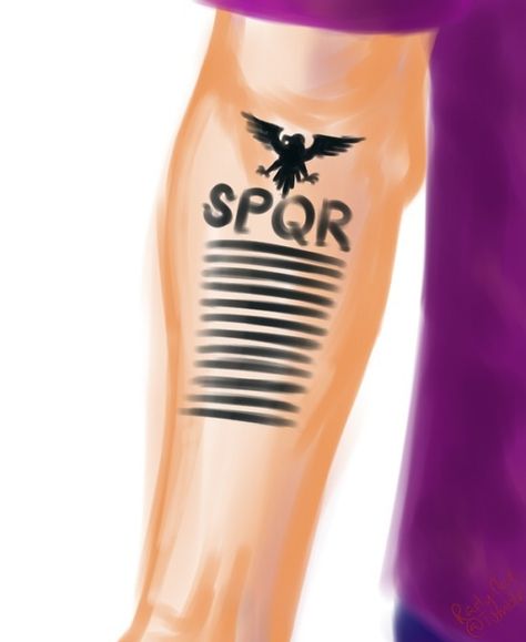 Jason Grace SPQR - definitely want this as a tattoo. Probably less lines, though... And probably with Neptune's trident, instead of Jupiter's eagle Jason Grace Tattoo, Camp Jupiter Tattoo, Pjo Tattoos, Legion Tattoo, Aphrodite Symbol, Spqr Tattoo, Jupiter Tattoo, Jason Tattoo, Grace Tattoos