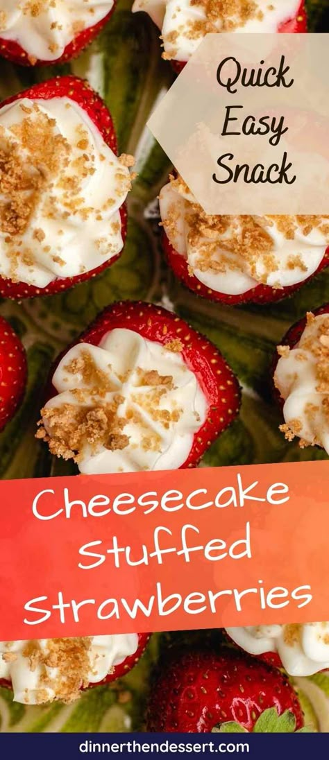 Quick-to-make Cheesecake Stuffed Strawberries are the perfect sweet snack with fresh berries, creamy filling, and graham cracker crumble! Cheesecake Filled Strawberries Recipe, Keto Cheesecake Stuffed Strawberries, Cream Cheese Filling For Strawberries, Strawberries Stuffed With Cheesecake, Strawberries With Cream Cheese Filling, Strawberry With Cream Cheese Filling, Fresh Strawberry Desserts Healthy, Stuffed Strawberry Cheesecake, Cheesecake Deviled Strawberries Recipe