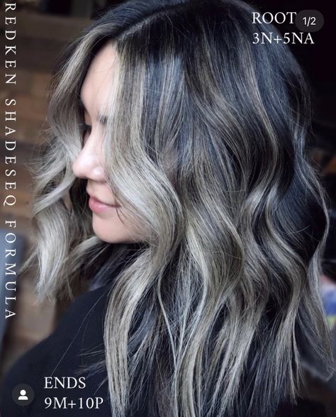 Bayalage Brunette Cool Tones, Shades Eq Grey Toner Formulas, Foilyage Hair Brunettes, Cool Toned Balayage Brunette, Bronde Formula, Foilyage Hair, Brunette Bayalage, Redken Blonde, Redken Formulas