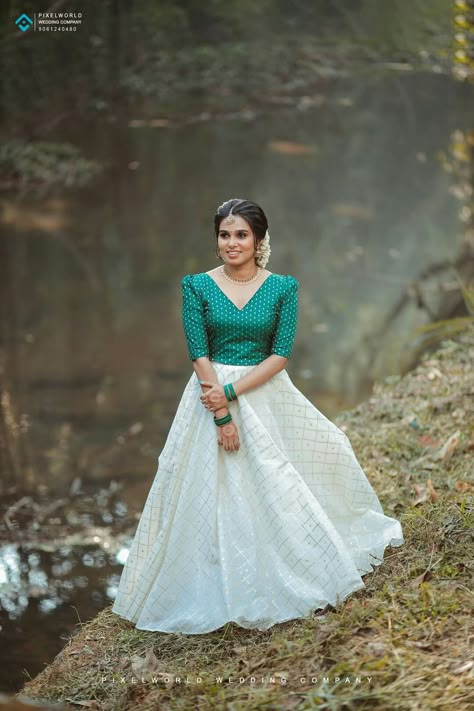 Onam Blouse Designs Latest Full Sleeve, V Neck Crop Top And Skirt Indian, Pavada Sattai Designs For Women, Dawani Blouse Design, Vishu Dress For Women, Skirt And Top Photoshoot Ideas, Save The Date Outfit Ideas Kerala, Vishu Outfit Ideas, Gulabi Night Dress Ideas