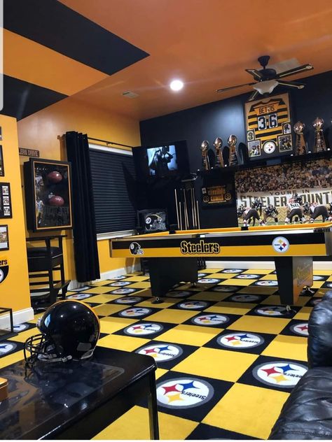 Football Theater Room, Steelers Man Cave Ideas, Steelers Man Cave, Hypebeast Apartment, Steelers Decor, Basement Sports Bar, Game Loft, Football Man Cave, Steelers Gifts