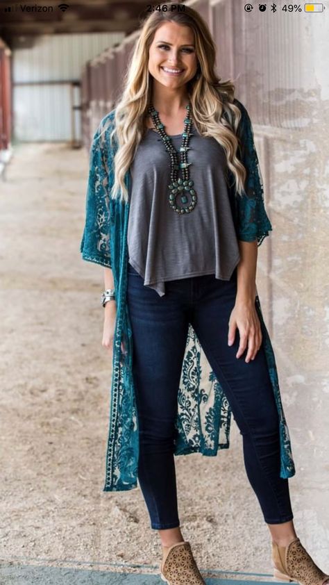 Lace Kimono Outfit, Nfr Outfits, Lace Duster, Kimono Outfit, Western Style Outfits, Western Outfits Women, Country Fashion, Country Outfits, Western Outfits