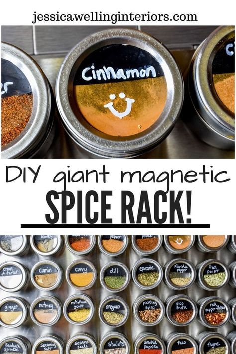 Organize your spices with this easy DIY hanging magnetic spice rack! It's perfect for small spaces, cabinets, walls, or even above-stove storage. The best part? This one holds 36 different spices, and you can customize it to hold as many spices as you want! Magnetic Spice Rack, Magnetic Spice Jars, Diy Spices, Magnetic Spice, Spice Tins, Kitchen Organization Diy, Painted Trays, Kitchen Hacks Organization, Spice Storage