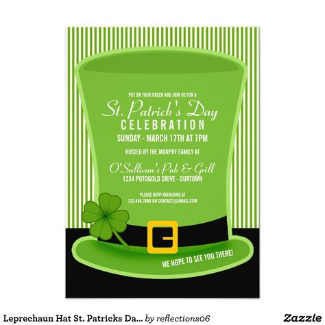 Leprechaun Hat St. Patricks Day Party Invitations St Patrick's Day Birthday, Hat Birthday Party, St Patricks Day Party, Irish Celebration, St Patrick Day Treats, Hat Birthday, Leprechaun Hat, St Patrick's Day Outfit, Leprechaun Hats