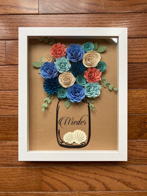 Personalized Hand Rolled Flower Shadowbox #personalized #flowercrafts #shadowboxart #shadowboxideas #giftforher #masonjar Mason Jar Wall Decor, Shadow Box Gifts, Rolled Paper Flowers, Flower Shadow, Diy Shadow Box, Flower Shadow Box, Shadow Box Art, Paper Flower Crafts, Paper Flowers Craft