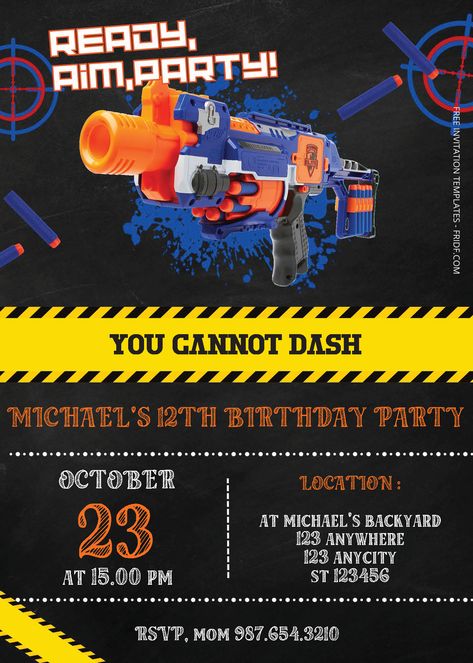 Free Editable PDF - Nerf Gun Birthday Invitation Templates Nerf Party Food, Nerf Birthday Invitations, Nerf Party Invitations, Hello Kitty Invitation Card, Hello Kitty Invitations, Gift Games, 13th Birthday Invitations, Christmas Gift Games, Nerf Birthday Party