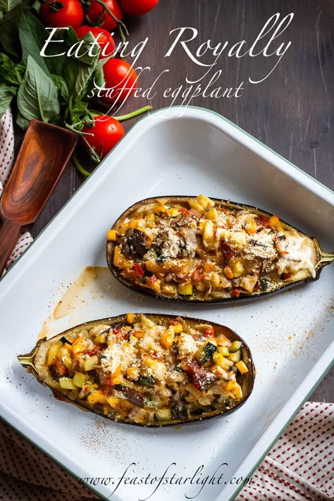 A recipe for Princess Diana's favorite, stuffed eggplant.  The recipe comes from the cookbook, "Eating Royally" by her personal chef, Darren McGrady.  Find this fantastic recipe on the blog. #eatingroyally #princessdiana #recipes #royalwedding Darren Mcgrady Recipes, Helthy Snacks, Feast Of Starlight, Movie Recipes, Hobbit Food, Eggplant Recipes Easy, Stuffed Eggplant, Anime Foods, Eggplant Recipe