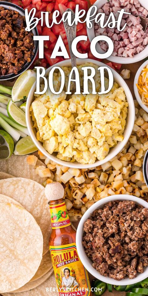 Breakfast Burrito Bar For A Crowd, Breakfast Tacos For A Crowd, Breakfast Taco Bar, Taco Board, Burrito Bar, Chorizo Tacos, Breakfast Taco, Cilantro Salsa, Fluffy Scrambled Eggs