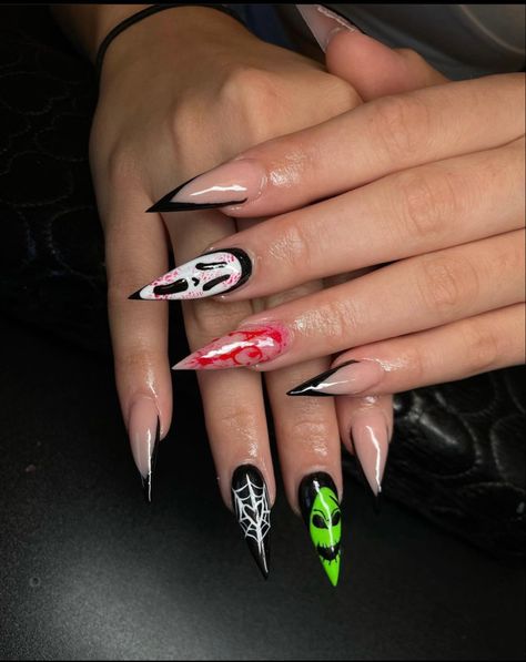 Long Almond Halloween Nails, Halloween Nails Stiletto Scary, Halloween Nails Ghostface, Nails Ghostface, Halloween Nails Scary, Ghostface Nails, Nails Scary, Spiderweb Nails, Black Acrylic Nail Designs