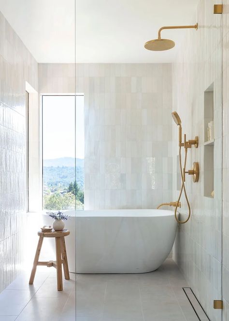 Wet room with freestanding tub and vertical tile. Monterey House, Wet Room Bathroom, Bad Inspiration, Cottage Exterior, Wet Room, Master Bath Remodel, Bathroom Remodel Designs, Bathroom Inspiration Decor, Upstairs Bathrooms