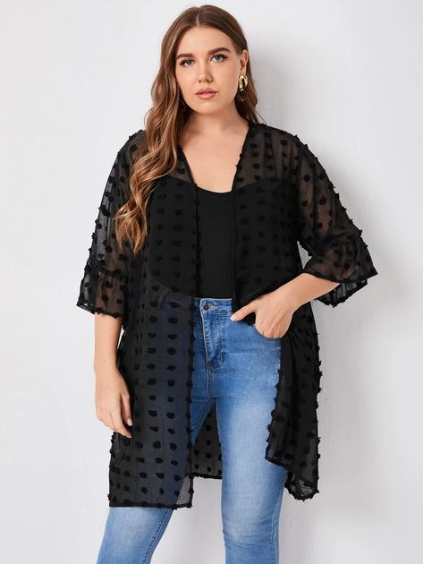 Plus Swiss Dot Flounce Sleeve Sheer Kimono | SHEIN USA Sleeve Bathing Suit, Chiffon Kimono Cardigan, Plus Size Cover Up, Cardigan Kimono, Chiffon Shorts, Textured Cardigan, Elegant Attire, Cover Beachwear, Stylish Plus