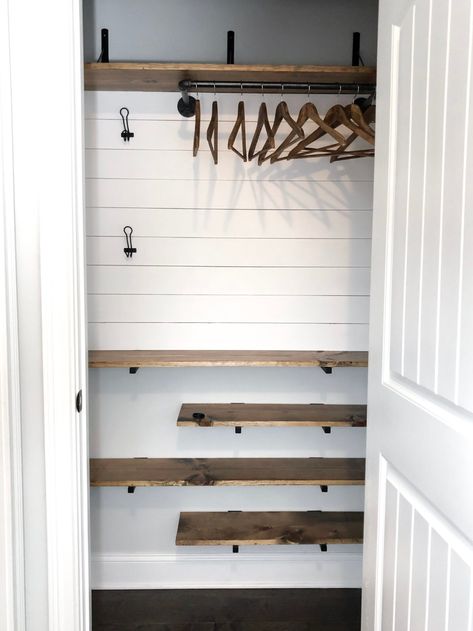 DIY Coat Closet Makeover: Before & After! Shiplap Bathroom Linen Closet, Shiplap Closet Ideas, Farmhouse Coat Closet, Custom Hallway Closet, Entry Way Closet Ideas Modern, Closet To Mini Mudroom, Hall Closet Makeover Entryway, Entry Coat Closet Makeover, Shiplap Wardrobe