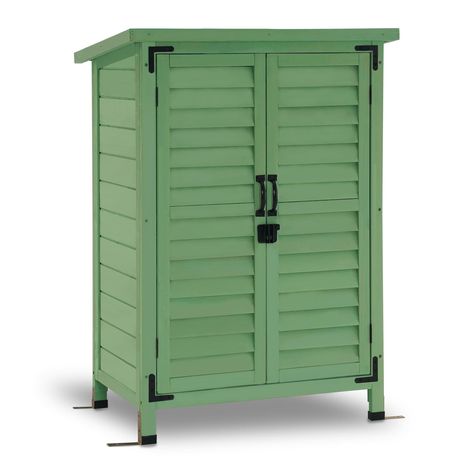 Small Outdoor Storage Cabinet, Small Wood Shed, Small Outdoor Shed, Outdoor Wood Storage, Small Outdoor Storage, Doors Outside, Messy Garden, Small Garden Tools, Wood Storage Cabinet